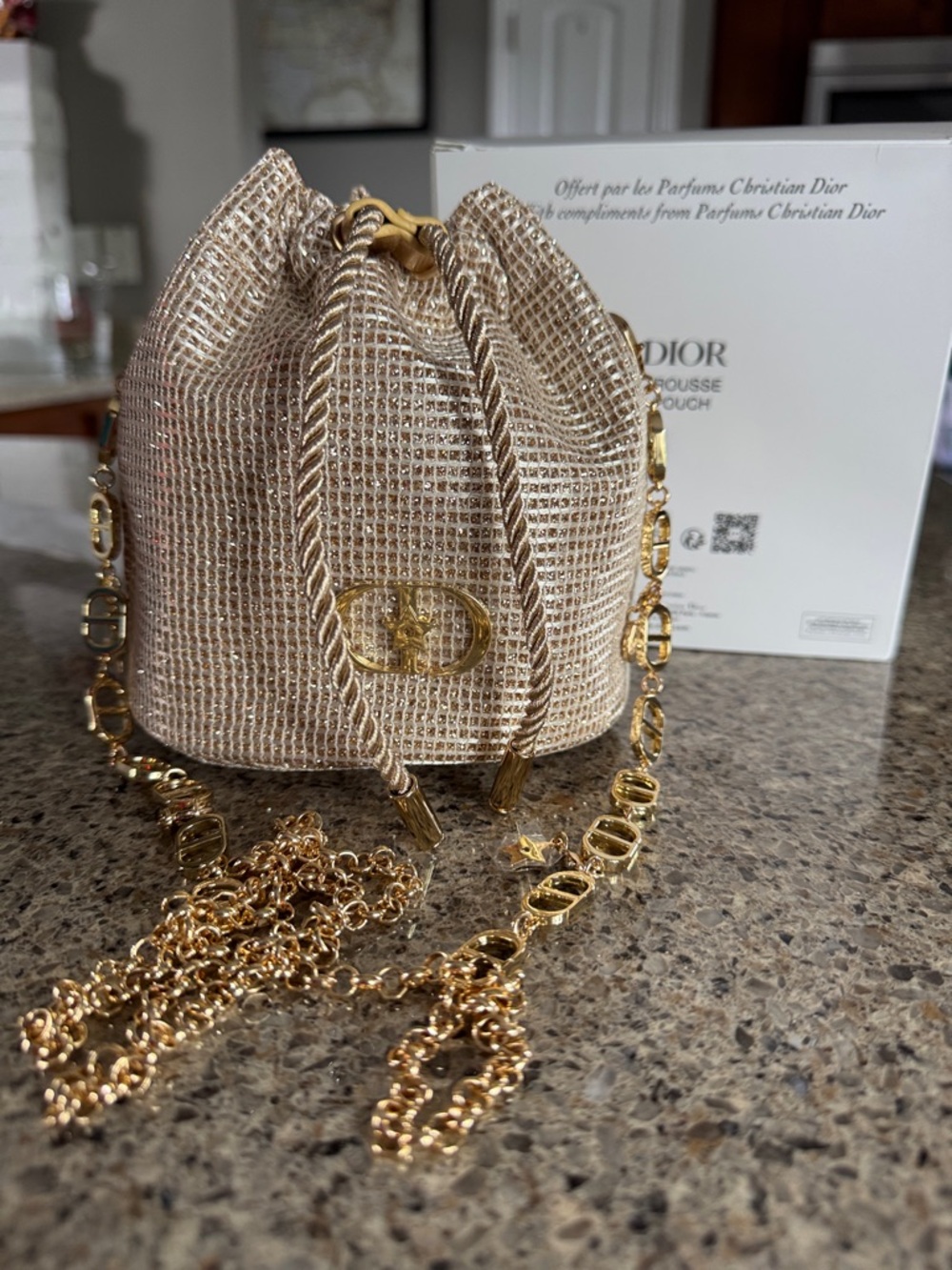 Dior Champagne Gold Mesh Drawstring Mini Bucket Bag